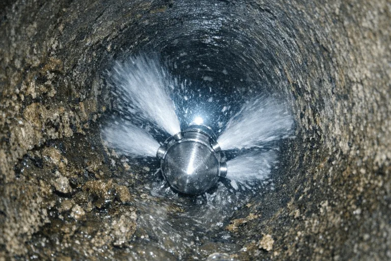 Hochdruckspülung im Abwasserrohr mit Spülkopf und sichtbar austretenden Wasserstrahlen