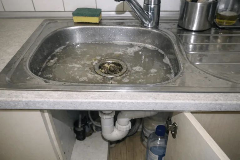Verstopfte Küchenspüle mit stehendem Wasser und sichtbarem Abfluss