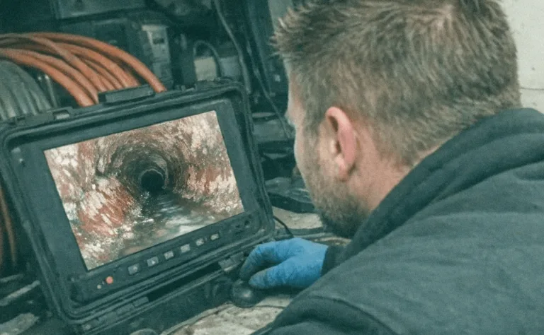Monitor mit Kamerabildern einer Kanalinspektion in Potsdam bei der Untersuchung eines Abwasserkanals.