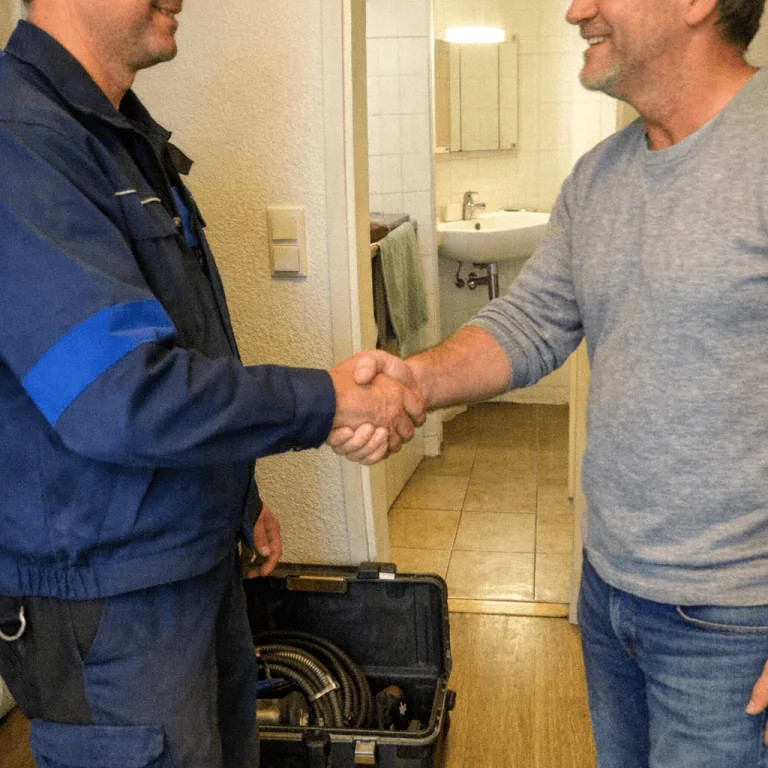 Techniker schüttelt Kunden die Hand nach erfolgreicher Abflussreinigung
