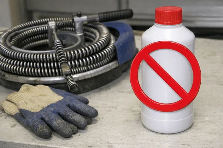 Chemischer Abflussreiniger mit Verbotsschild neben professioneller Reinigungsspirale.