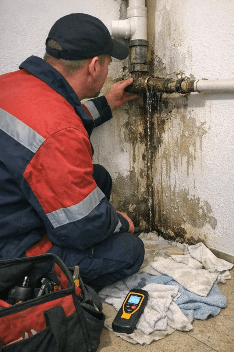 Handwerker prüft ein Leck an einer wasserbeschädigten Wand in Bochum