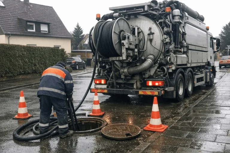 Spülwagen an offenem Kanalschacht bei der Kanalreinigung während laufender Reinigungsarbeiten.