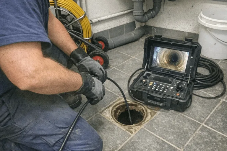 Techniker beobachtet Monitor während eine Kamera in ein Rohr geführt wird