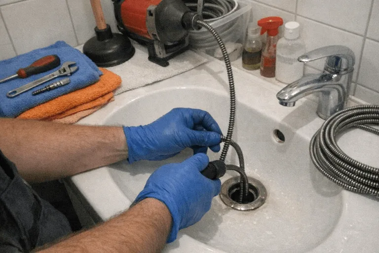 Monteur bei der Abflussreinigung an einem Waschbecken in Stuttgart