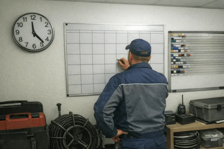 Techniker mit Kalender und Uhr für Wochenend- und Feiertagsnotdienst