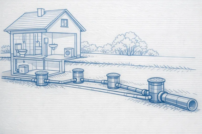 Schematischer Hausanschlussplan mit Wohnhaus und unterirdischen Abwasserleitungen in Bonn