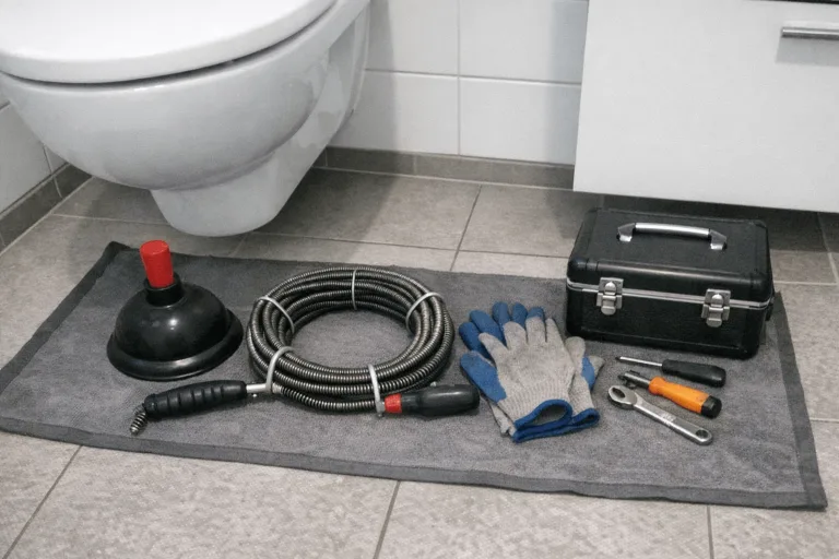 Werkzeug neben sauberer Toilette für Rohrreinigung