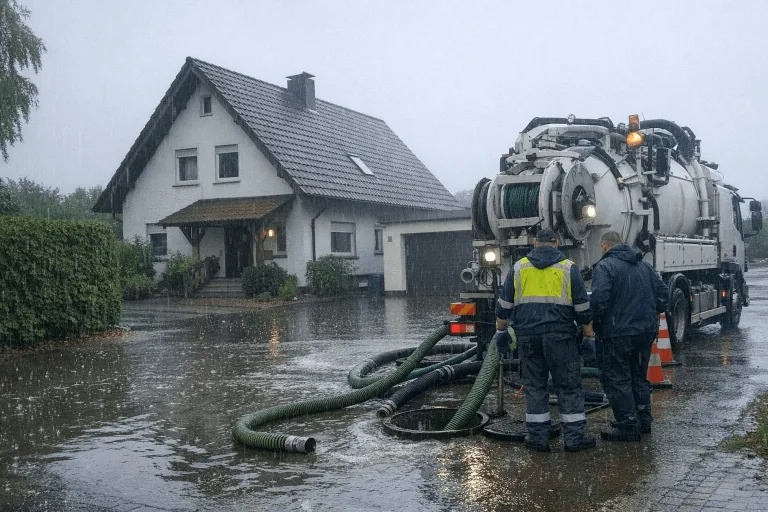 Haus im starken Regen mit einem Saugfahrzeug vor der Tür während eines Notfalleinsatzes in Magdeburg.
