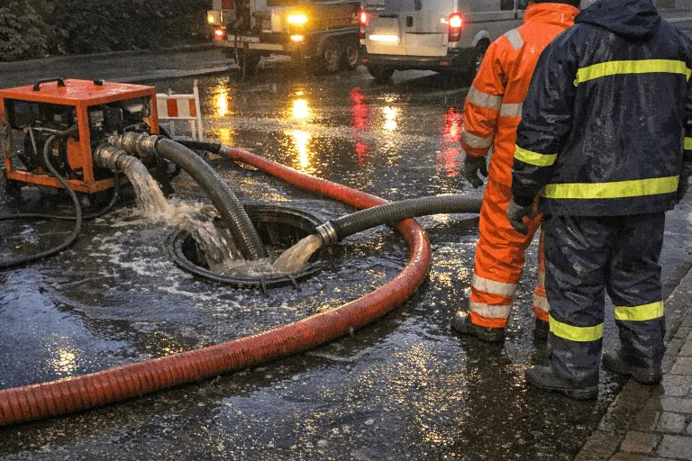 Abpumparbeiten an überflutetem Straßenschacht bei Kanaleinsatz während einer Havarie in Hanau