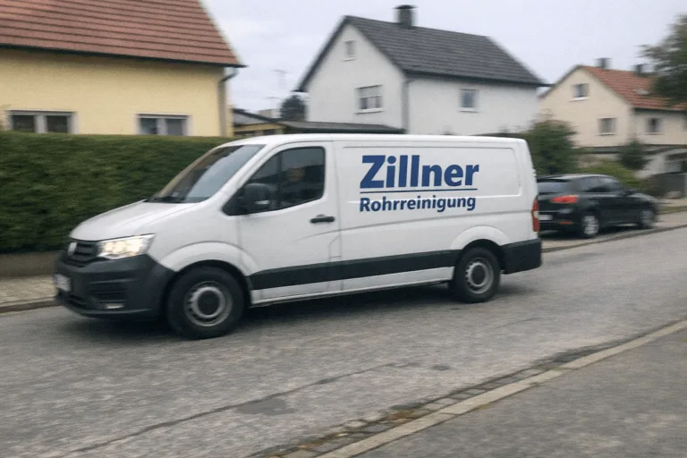 Fahrzeug der Rohrreinigung Huchenfeld auf einer Wohnstraße unterwegs.