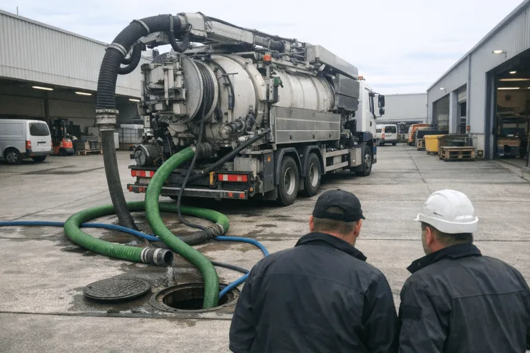 Großes Saug-Spül-Kombifahrzeug auf einem Industriegelände bei der Kanalreinigung