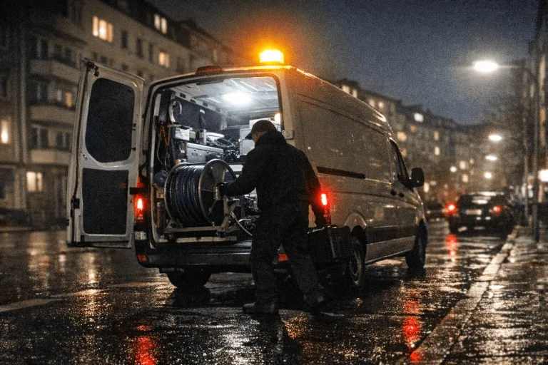 Hintergrundbild eines Einsatzfahrzeugs für Rohrreinigung bei Nacht
